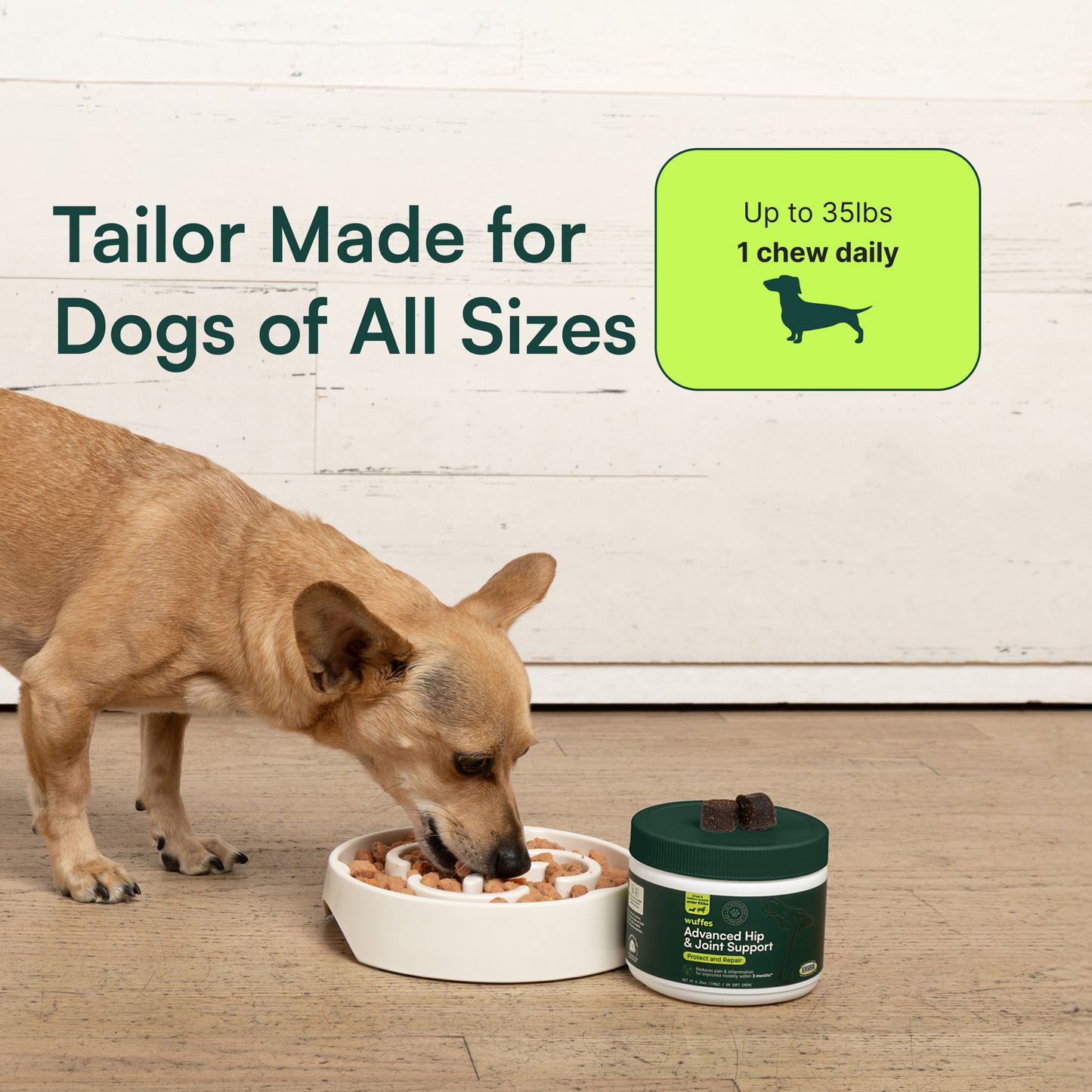 Wuffes Advanced Dog Hip and Joint Supplement with Glucosamine, Chondroitin, Omega 3, MSM, and Green Lipped Mussel, 60 Pork Flavored Chews for Small and Medium Dog Breeds